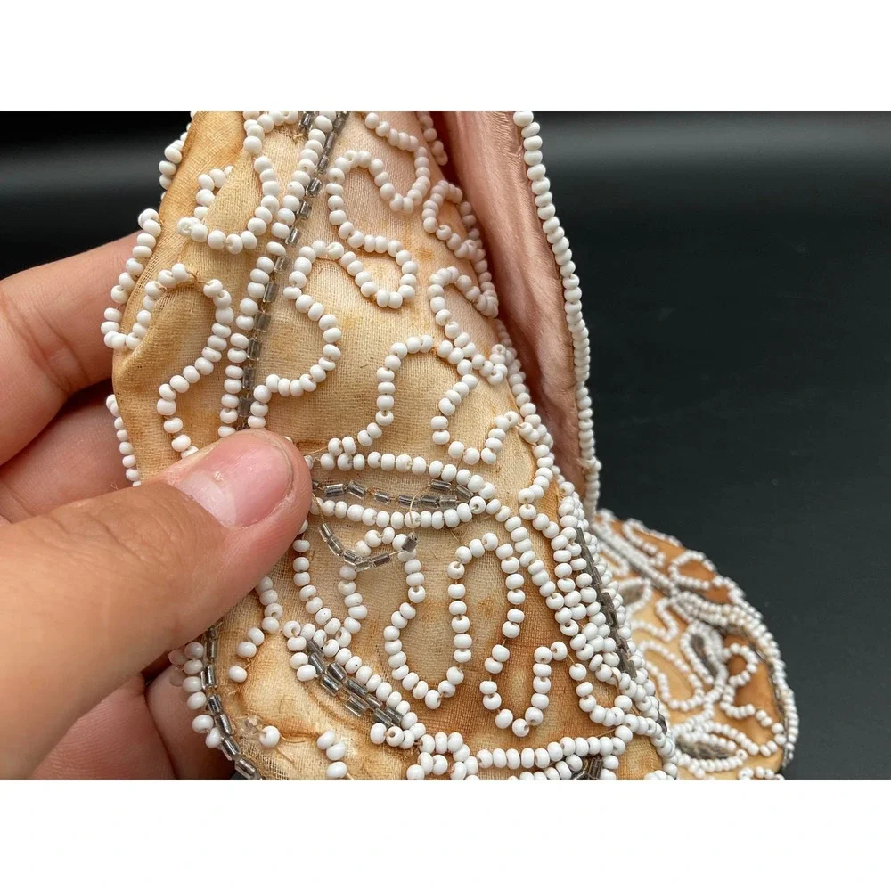 Vintage Beaded Evening Bag Clutch Purse White Floral Pink Lining